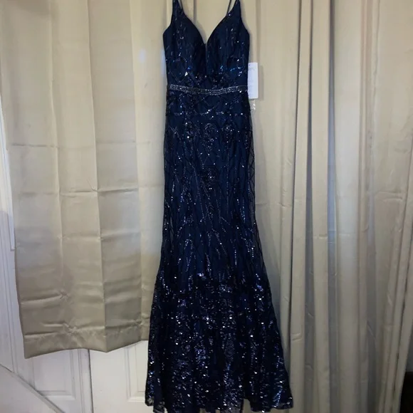 Navy blue prom dress with sequins - Picture 2 of 7